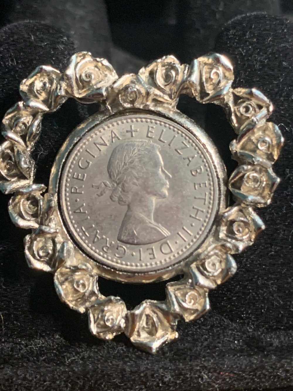 Silver-Tone Rose Wreath Coin Pendant - Queen Elizabeth II Sixpence from 1966